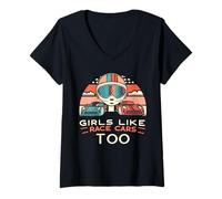 Mujer Girls Like Race Cars Too Bandera de Carreras a Cuadros Motorsport Camiseta Cuello V