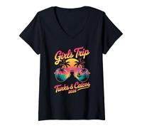 Mujer Girls Trip Turks & Caicos 2026 Gafas de Sol Atardecer Camiseta Cuello V