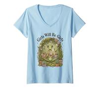 Mujer Girls Will Will Girls Rezando Mantis Floral Bebiendo Té Camiseta Cuello V