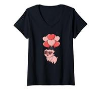 Mujer Girls Womens Moms Valentines Day Hearts Show Pig Lover Camiseta Cuello V