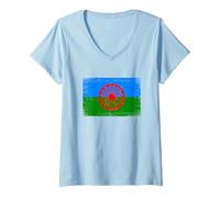 Mujer Gitanos Calé Bandera Romaní Bandera Gitana Camiseta Cuello V, Azul Bebé, L