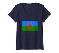 Mujer Gitanos Calé Bandera Romaní Bandera Gitana Camiseta Cuello V, Azul Marino, M