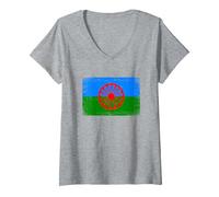 Mujer Gitanos Calé Bandera Romaní Bandera Gitana Camiseta Cuello V, Gris Jaspeado, XXL