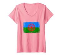 Mujer Gitanos Calé Bandera Romaní Bandera Gitana Camiseta Cuello V, Rosado, XXL