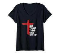 Mujer Give Thanks to The Lord Bible Verse Christian Psalm 136:1 Camiseta Cuello V