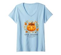 Mujer Give Thanks to The Lord Psalm 136:1 Pumpkin Wreath Camiseta Cuello V