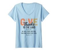 Mujer Give Thanks to The Lord Psalm 136 He Will Fight Exodus 14:14 Camiseta Cuello V
