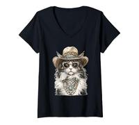 Mujer Glam Maine Coon Cat con Sombrero de Vaquero Boujee Animal Western Camiseta Cuello V