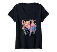 Mujer Glitch Art Cerdo Cerdos Camiseta Cuello V
