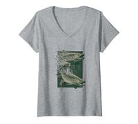 Mujer Glitch Trucha Pesca Gráfico Retro Digital Fish Design Camiseta Cuello V