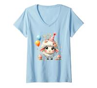 Mujer Globos de Sombrero de Fiesta de celebración de ovejas Kawaii Camiseta Cuello V