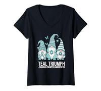Mujer Gnomo de concientización sobre el cáncer de Ovario Teal Triumph Camiseta Cuello V