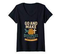 Mujer Go And Make Discípulos Mateo 28:19 Versículo de la Biblia Cristiana Camiseta Cuello V