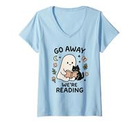 Mujer Go Away We're Reading Cute Ghost with Cat Funny Book Lover Camiseta Cuello V
