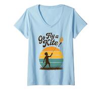 Mujer Go Fly a Kite Retro Sunset Niño Volando Cometa Escena Arte Camiseta Cuello V