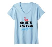 Mujer Go with The Flow Pink Flamingo Beach Vacation Summer Vibes Camiseta Cuello V