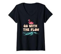 Mujer Go with The Flow Pink Flamingo Summer Vibes Beach Vacation Camiseta Cuello V