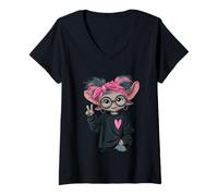 Mujer Goat Girl Big Sparkling Eyes Peace Sign Pop Graphic Juguetón Camiseta Cuello V