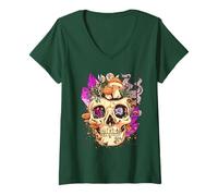 Mujer Goblincore Aesthetic. Vintage Moon Crystals and Forest Skull Camiseta Cuello V