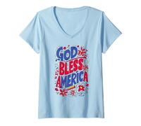 Mujer God Bless America Patriotic USA Flag Christian 4 of July Camiseta Cuello V