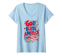 Mujer God Bless America Patriotic USA Flag Christian 4 of July Camiseta Cuello V