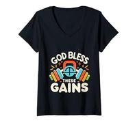 Mujer God Bless These Gains Culturismo muscular |- Camiseta Cuello V