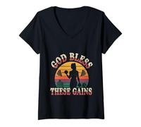 Mujer God Bless These Gains Culturismo muscular |--- Camiseta Cuello V