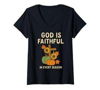 Mujer God Is Faithful Fall - Verso bíblico Cristiano Pumpkin Fall Camiseta Cuello V