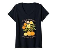 Mujer God Is Faithful In Every Season Watercolor Fall Pumpkins Camiseta Cuello V