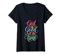 Mujer God Is Good All The Time Christian Cute Bible Versículo Camiseta Cuello V