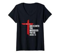 Mujer God is with You Wherever You Go Christian Cross Joshua 1:9 Camiseta Cuello V