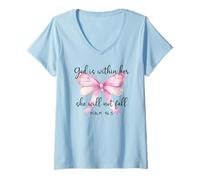 Mujer God is Within Her She Will Not Fall Christian Bow Psalm 46:5 Camiseta Cuello V
