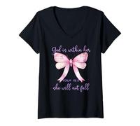 Mujer God is Within Her She Will Not Fall Pink Bow Girl Psalm 46:5 Camiseta Cuello V
