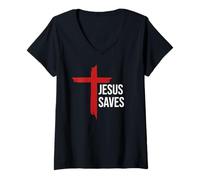 Mujer God Jesus Saves Sign Cross Christian Minimal Religious Faith Camiseta Cuello V