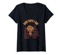 Mujer God Says I Am Black Queen Melanin Mujer Piel Marrón Sista GAL Camiseta Cuello V