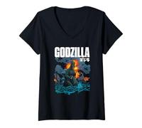 Mujer Godzilla Comic Style Ocean Attack with Logo Kaiju Movie Camiseta Cuello V