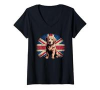 Mujer Golden Retriever - Bandera del Reino Unido envejecida Camiseta Cuello V