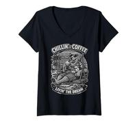 Mujer Golden Retriever Bebiendo café Helado en un Columpio DIGOR b&w Camiseta Cuello V