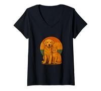 Mujer Golden Retriever Cat Retro Sunset Pet Best Friends Camiseta Cuello V