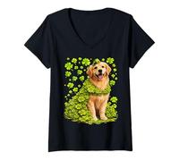 Mujer Golden Retriever con tréboles tréboles Perro del día de San Patricio Camiseta Cuello V