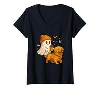 Mujer Golden Retriever Halloween Ghost Walking Golden Dog Camiseta Cuello V