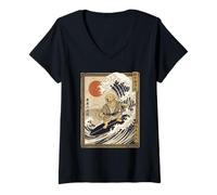 Mujer Golden Retriever Japonés Surf Kanagawa Ola Samurai Perro Camiseta Cuello V