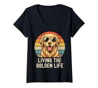 Mujer Golden Retriever Living Golden Life Retro Vintage - Camiseta para Perro Camiseta Cuello V