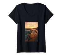 Mujer Golden Retriever Perro Camino Abierto Modo Viaje Atardecer Camiseta Cuello V
