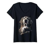 Mujer Golden Retriever Sosteniendo Luna Llena Moonlight Estética Perro Camiseta Cuello V