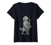 Mujer Golden Retriever Tocando Saxofón Jazz Música Amante de los Perros Camiseta Cuello V