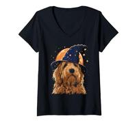 Mujer Goldendoodle Labradoodle Doodle Doodle para Halloween con Forma de Perro Moon Spooky Camiseta Cuello V
