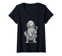 Mujer Goldendoodle Tocando Saxofón Jazz Música Amante de Perros Camiseta Cuello V