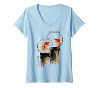 Mujer Goldfish Japanese Ink Painting Sumi-E Traditional Art Print Camiseta Cuello V