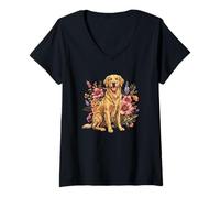 Mujer Goldie Sporting Dog Vintage Flowers Floral Golden Retriever Camiseta Cuello V
